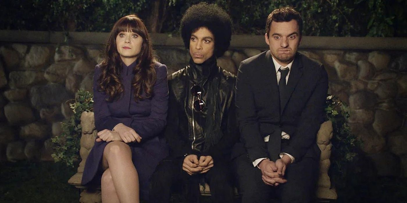 Jessica Day, Prince, and Nick Miller sitting on a bench in New Girl