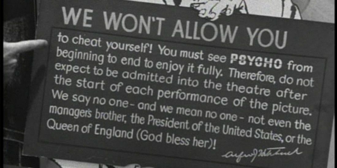Sign for Psycho (1960) declaring that nobody will be allowed into the theater after a showing of the movie has started.