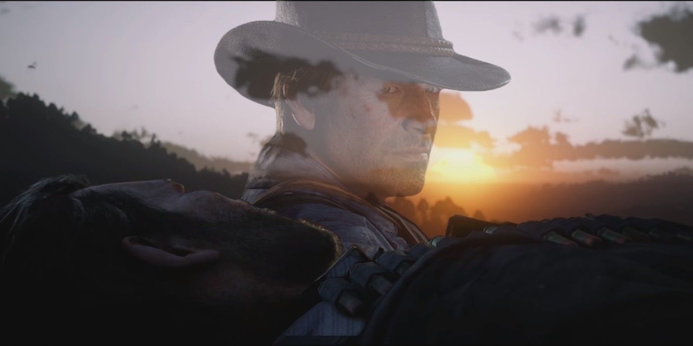 Red Dead Redemption 2 composite of Arthur watching sunset while dying.