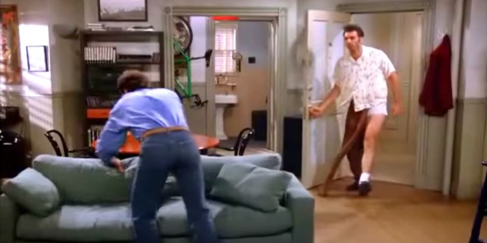 Kramer enters Jerry's apartment with one pant leg in Seinfeld