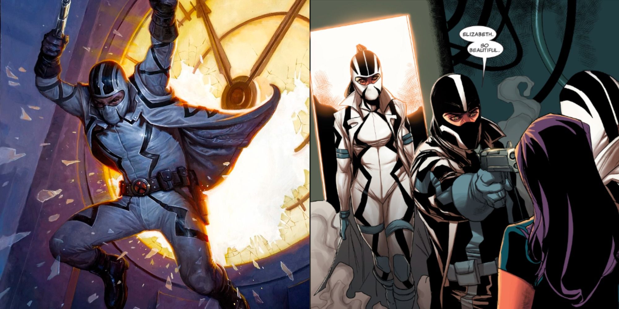 side by side images of Fantomex and his clones Lady Fantomex and Dark Fantomex
