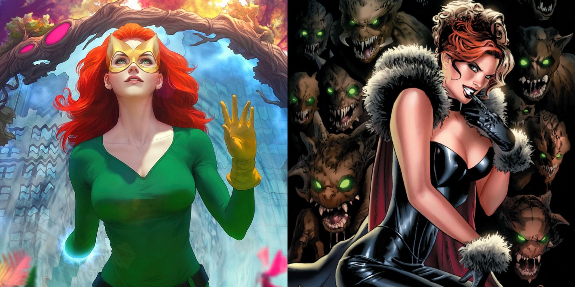 side by side images of Jean Grey as Marvel Girl and her clone Madelyne Pryor as the Goblin Queen