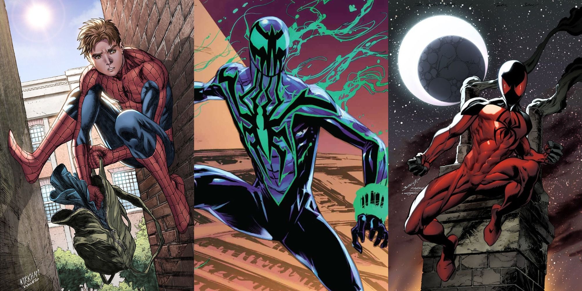 side by side images of Peter Parker as Spider-Man and his clones Benjamin Reilly And Kaine Parker