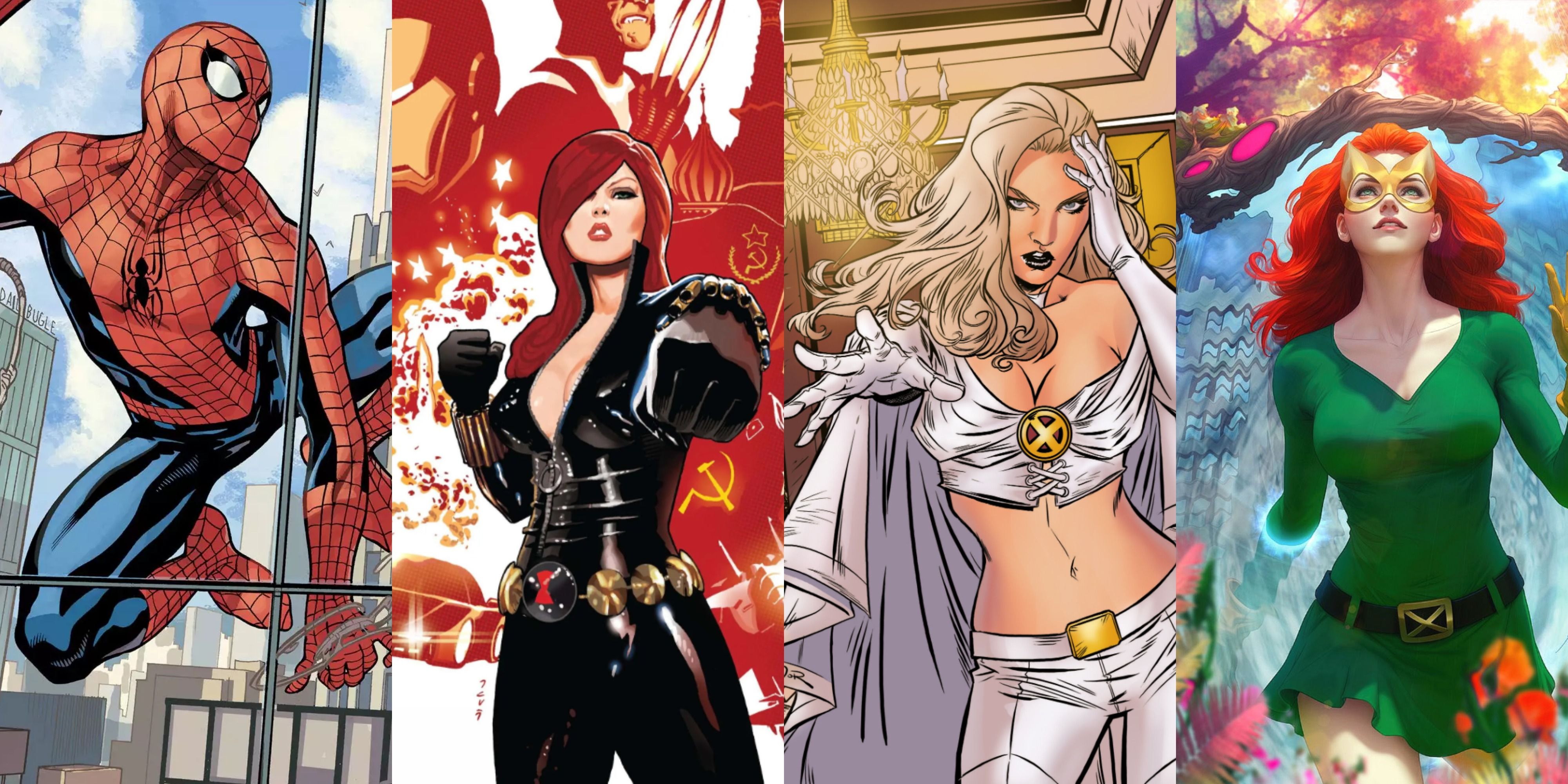 side by side images of Spider-Man, Black Widow, Emma Frost, and Jean Grey in Marvel Comics