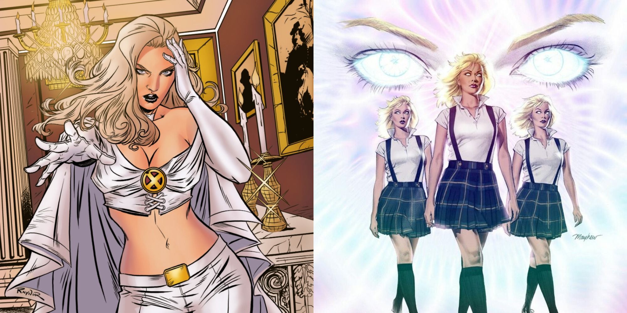 side by side images of mutants Emma Frost and her clones The Stepford Cuckoos in Marvel Comics