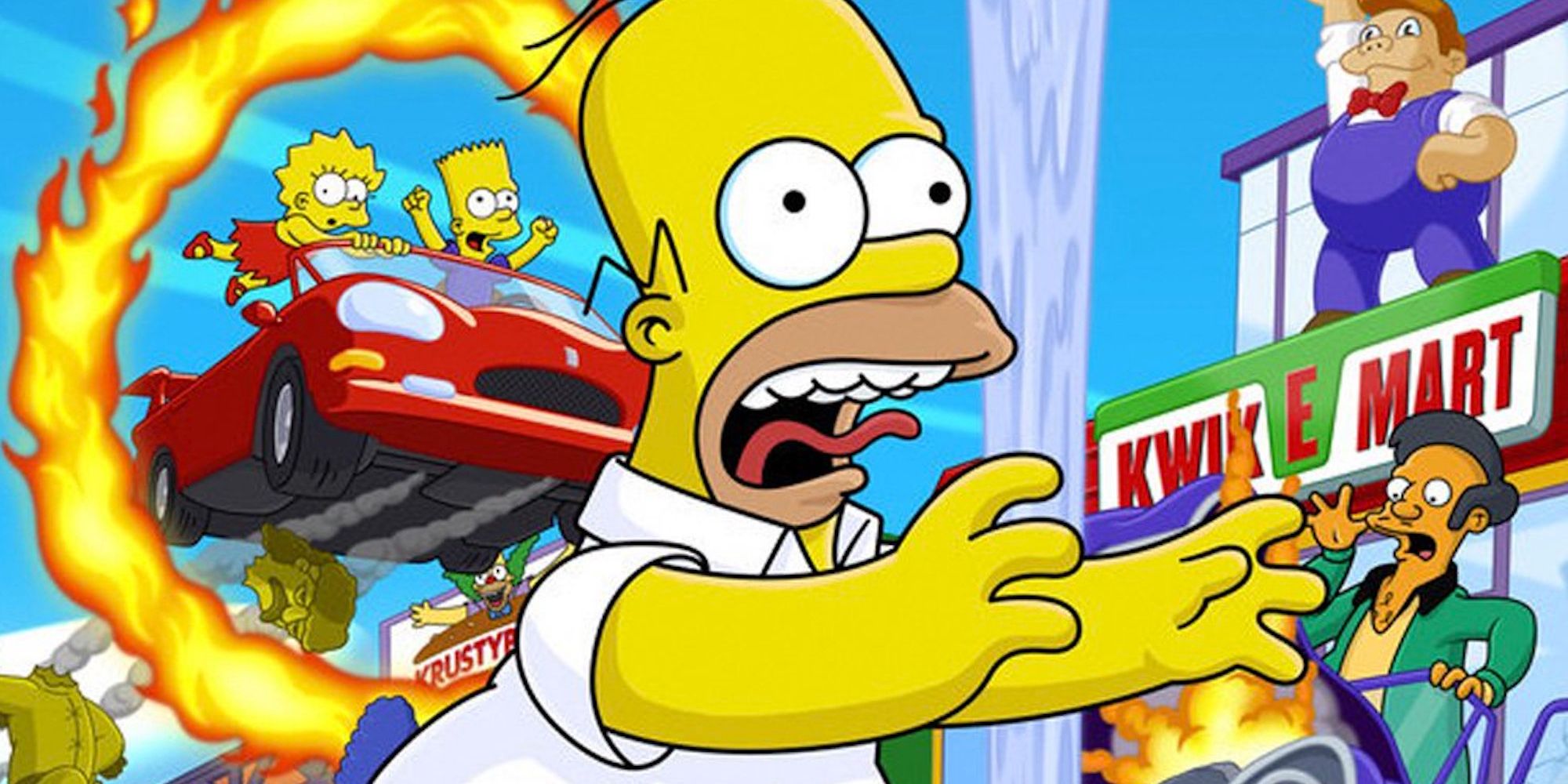 A promotional image for Simpsons Hit and Run of Homer running around Springfield, with chaos in the background.