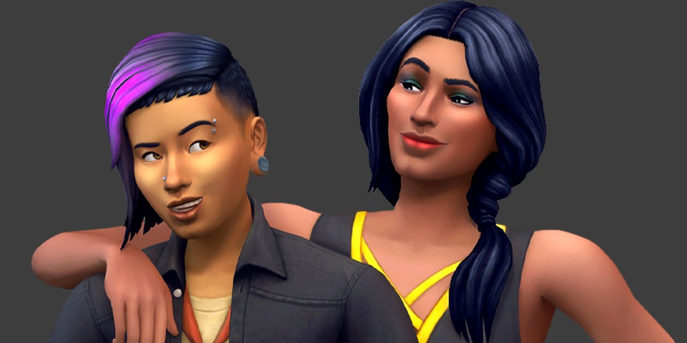 On the left, a Sim with purple hair and eyebrow and nose piercings. On the right, a Sim with blue hair.