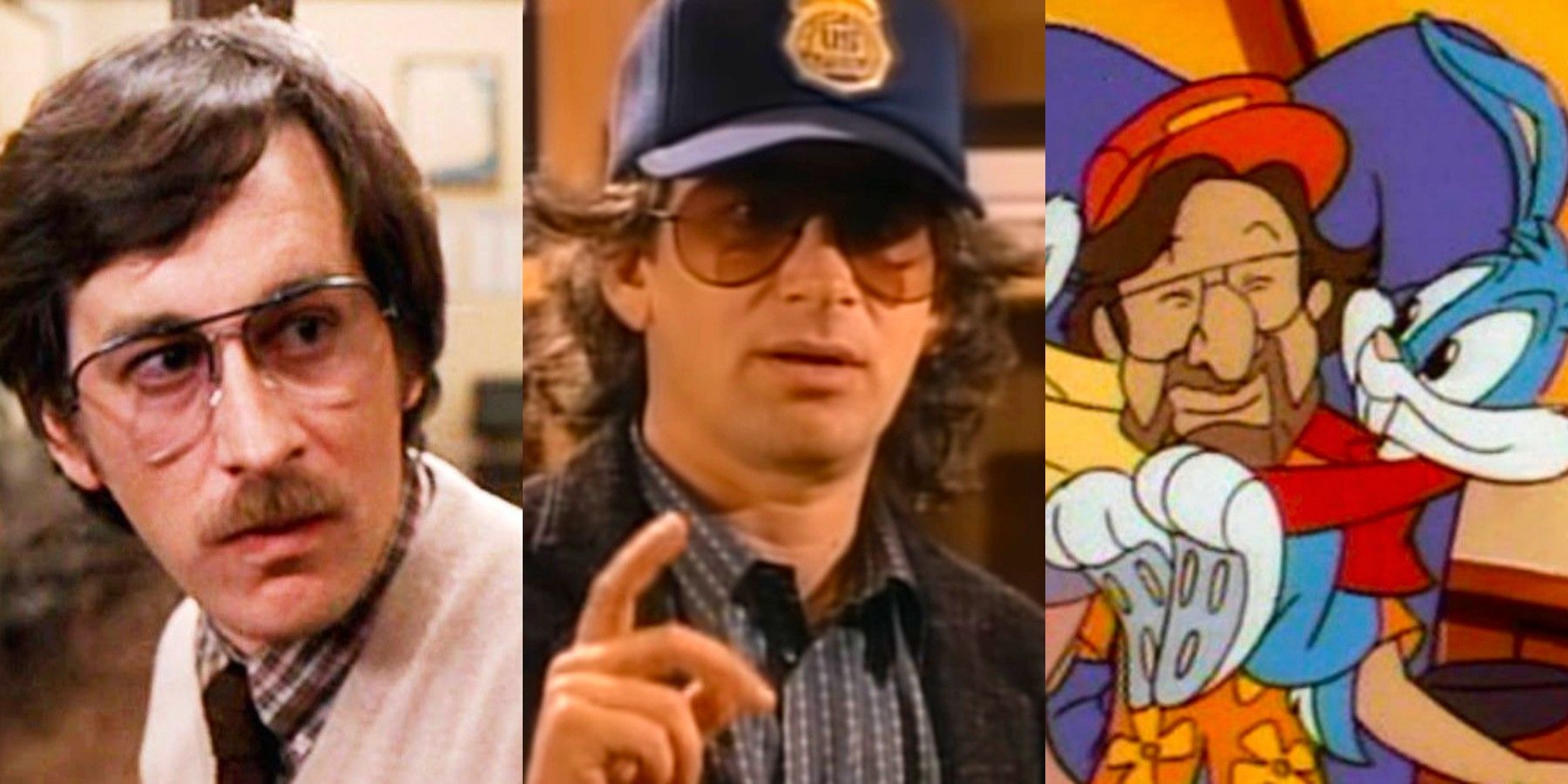 Spllit image: Steven Spielberg cameos in The Blues Brothers, Goonies and Tiny Toons Adventures.