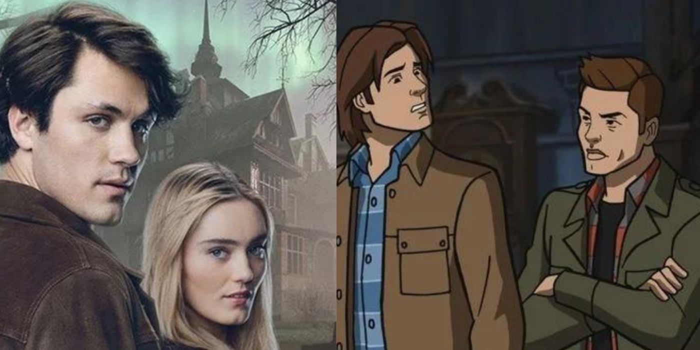 split image of cartoon dean and sam and young john and mary winchester