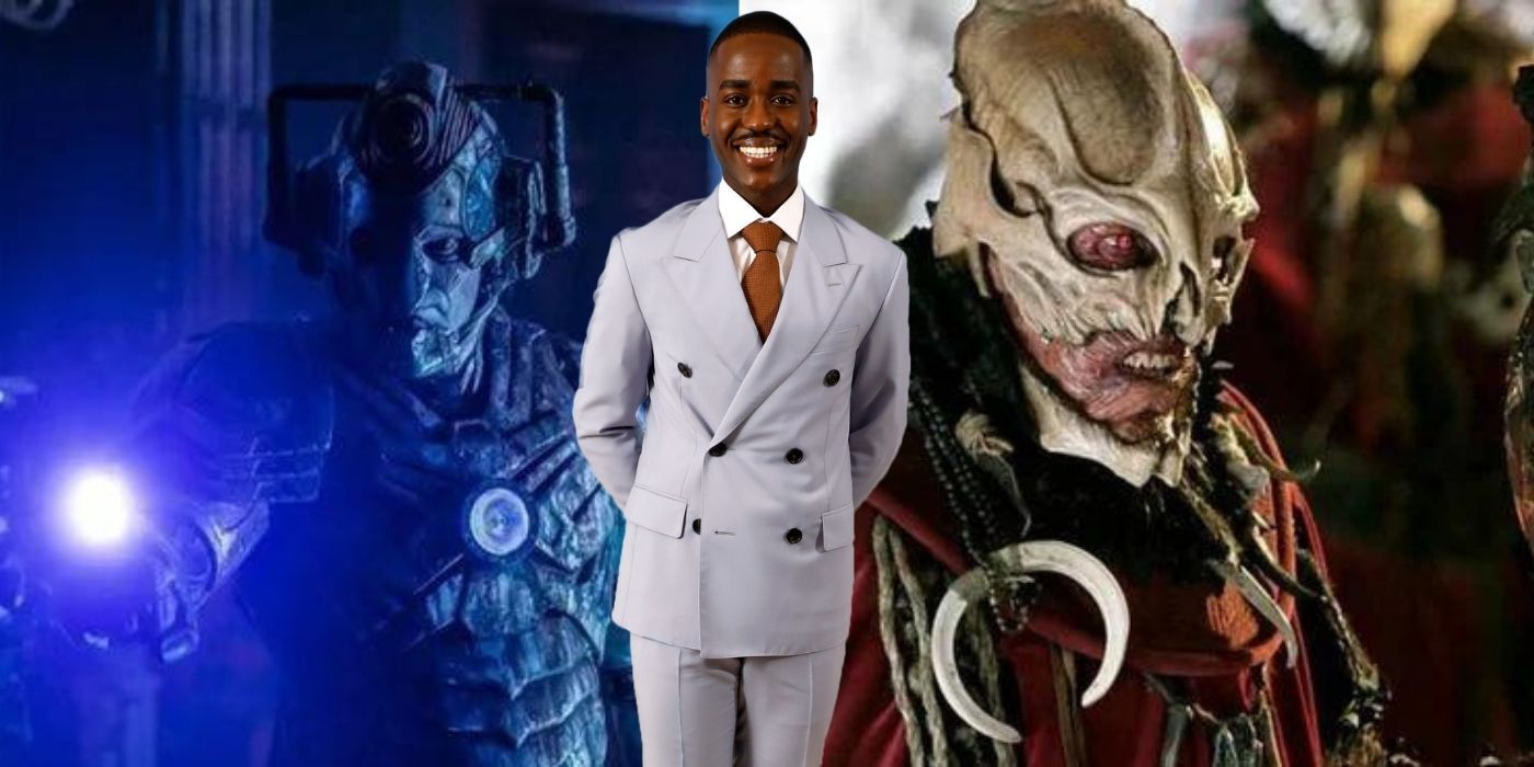 split image of the lone cyberman and sycrorax doctor who ncuti gatwa