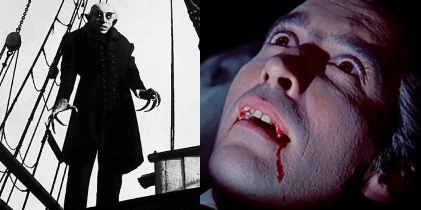 split image of two draculas - nosferatu and Christopher Lee