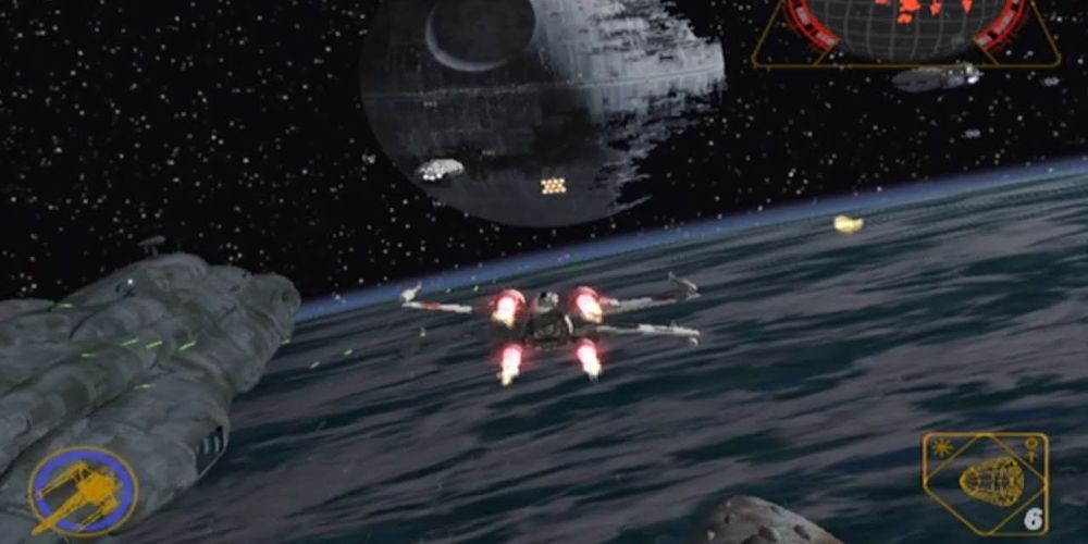 An X-wing flies toward a planet in Star Wars Rogue Squadron II Rogue Leader