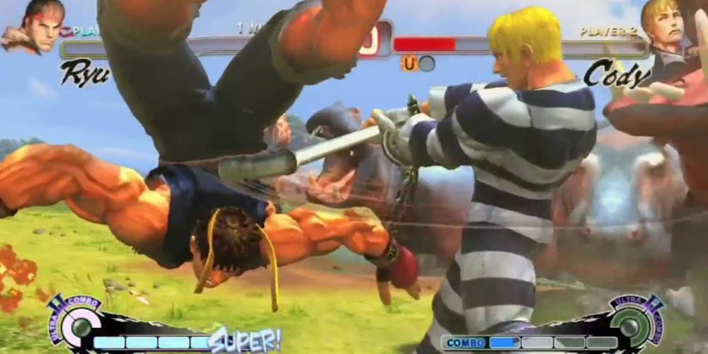 Cody beats an enemy with a pipe in Street Fighter