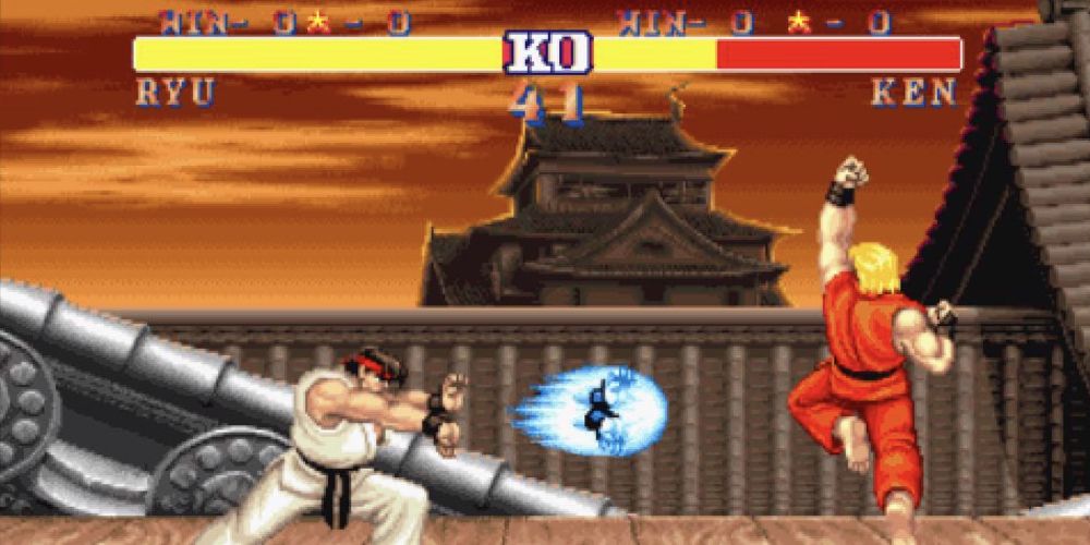 Ryu fires a Hadoken at Ken in Street Fighter