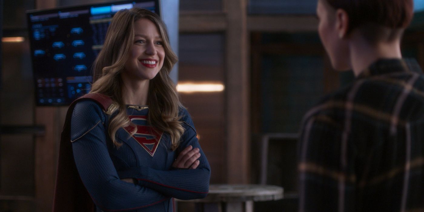 Melissa Benoist smiling as Supergirl in season 7.