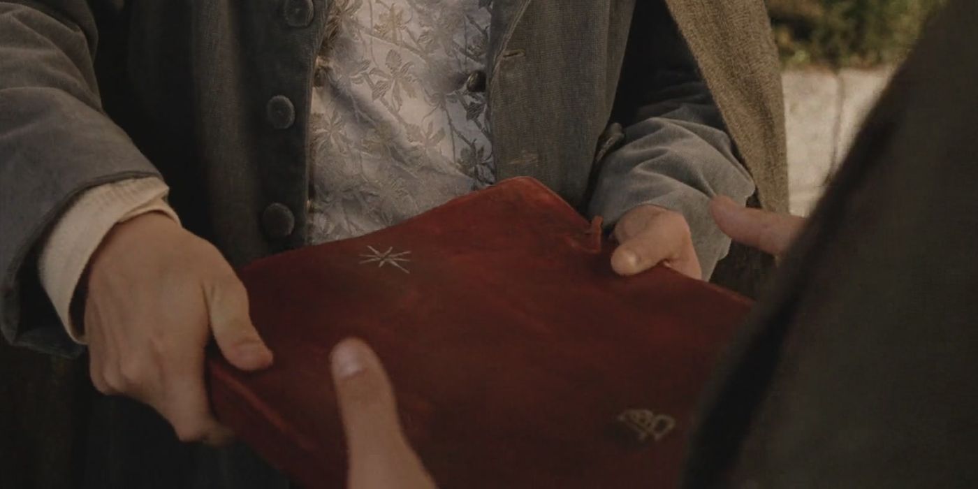 Frodo hands Sam the Red Book of Westmarch