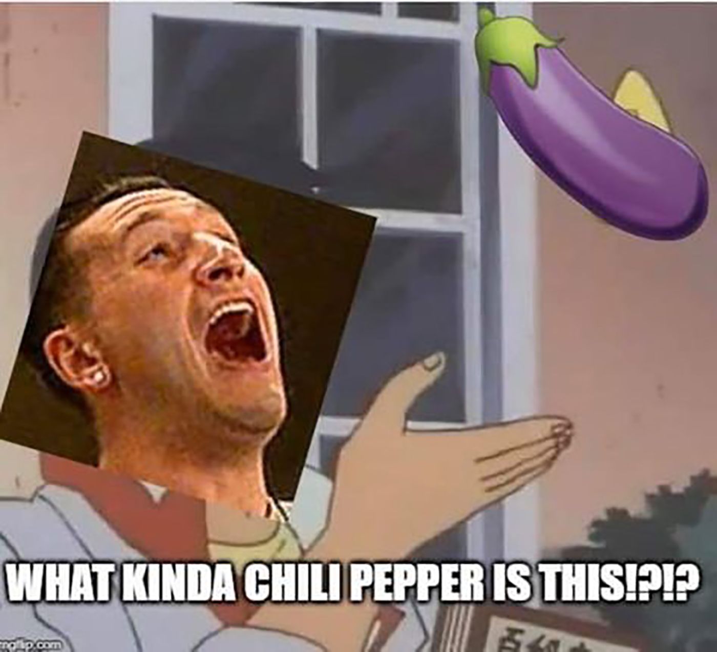 A meme featuring Joey Sasso from The Circle screaming with an eggplant emoji at the top.