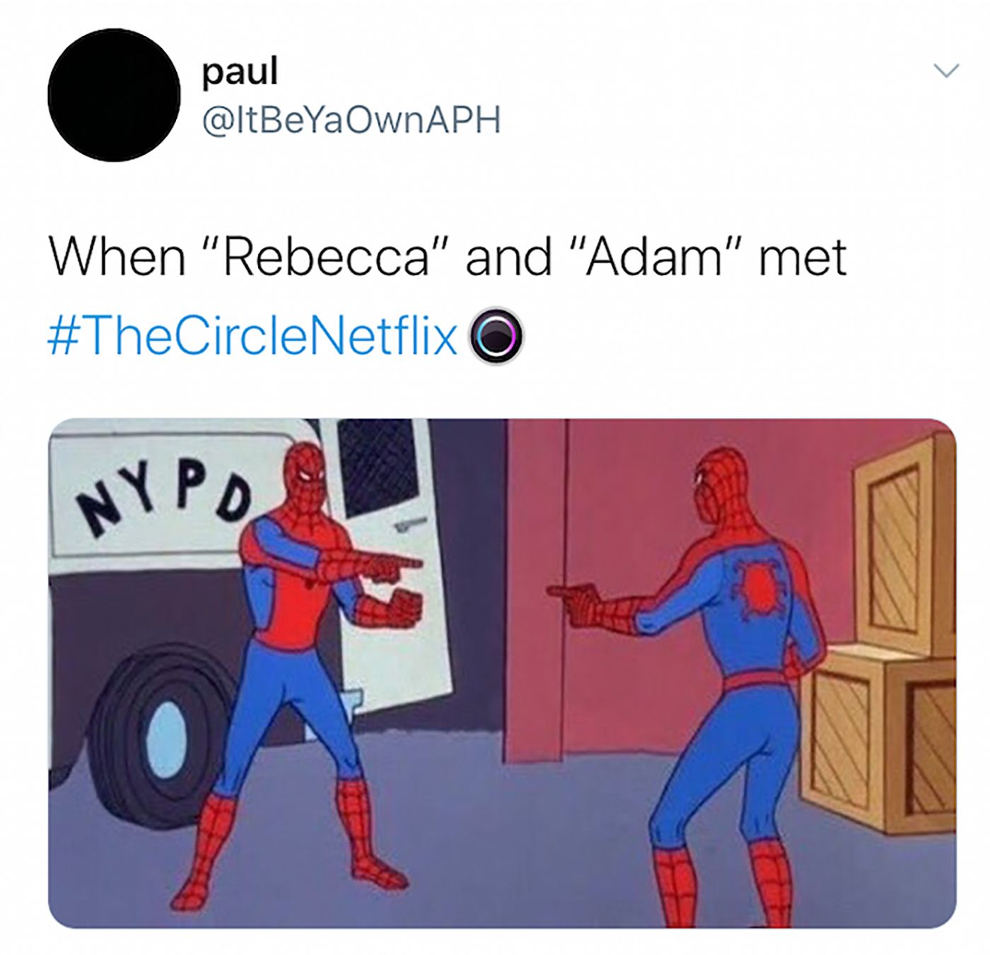 A Spider-man-themed meme about Adam and Rebecca from The Circle.