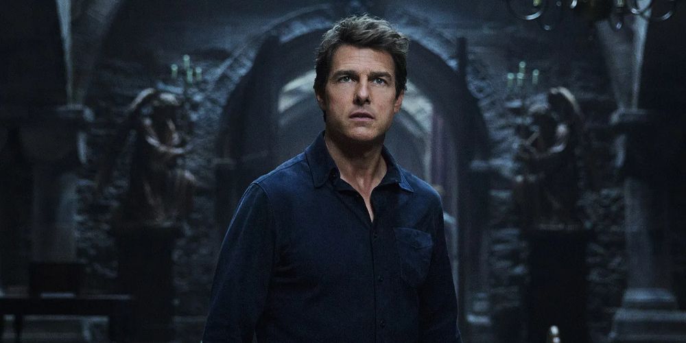 Nick stands in a crypt and looks stunned in The Mummy