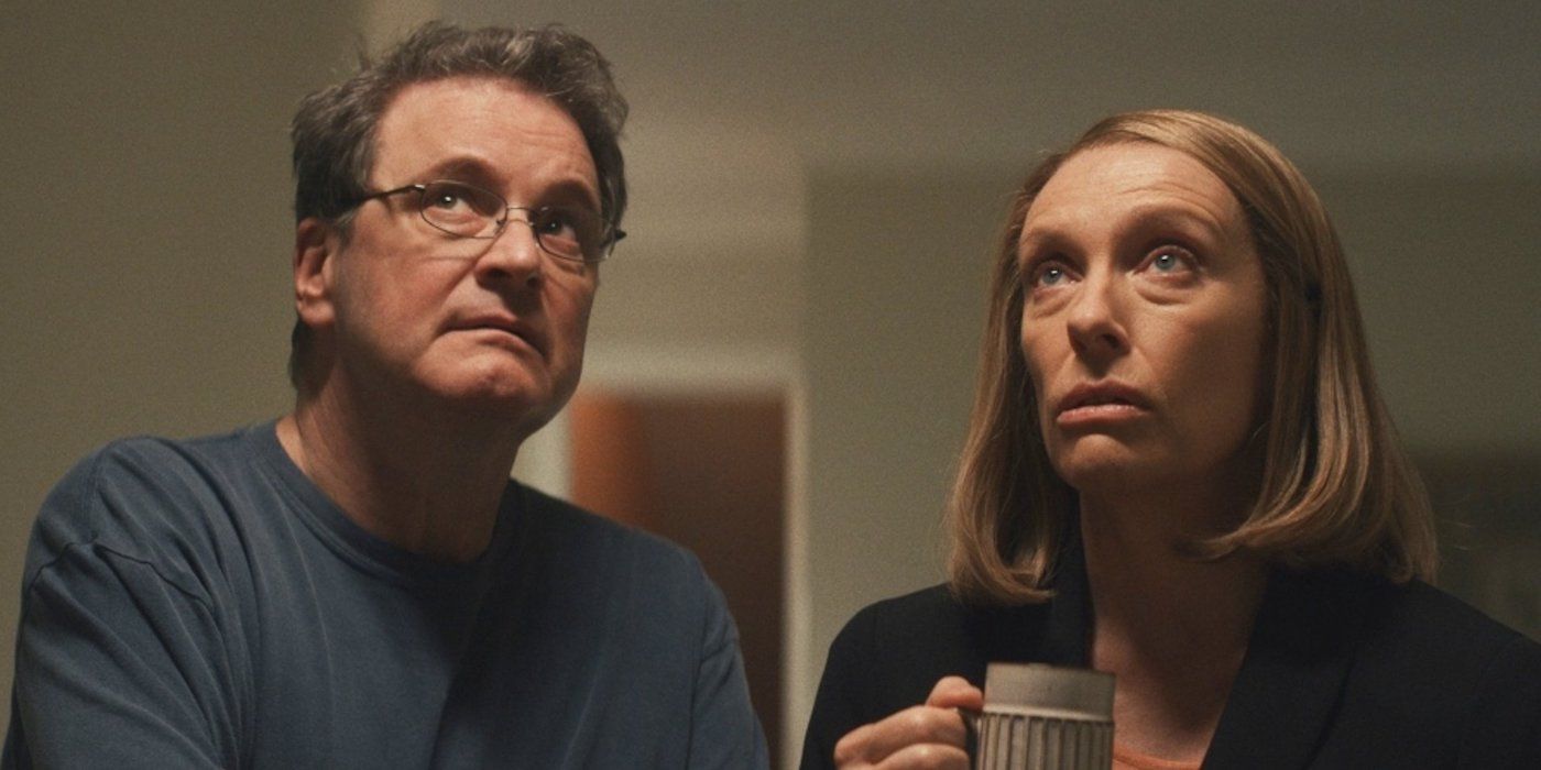 Colin Firth and Toni Collette looking upwards in HBO Max's The Staircase
