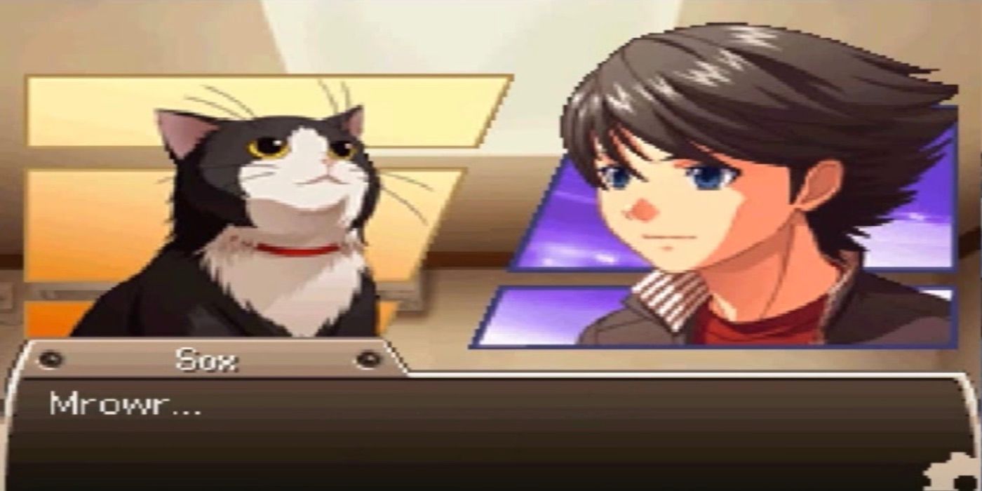 A screenshot of Ethan's pet cat Sox talking to Ethan in the game Time Hollow
