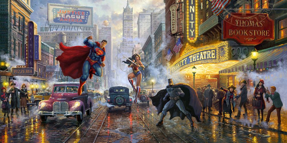 Superman, Batman and Wonder Woman hover in the air in Batman/Superman/Wonder Woman Trinity