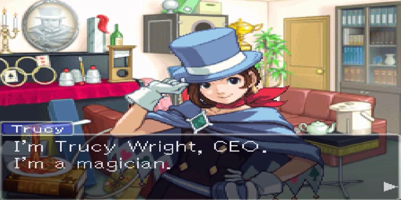 Trucy Wright introducing herself to Apollo at the start of the second case in Apollo Justice: Ace Attorney