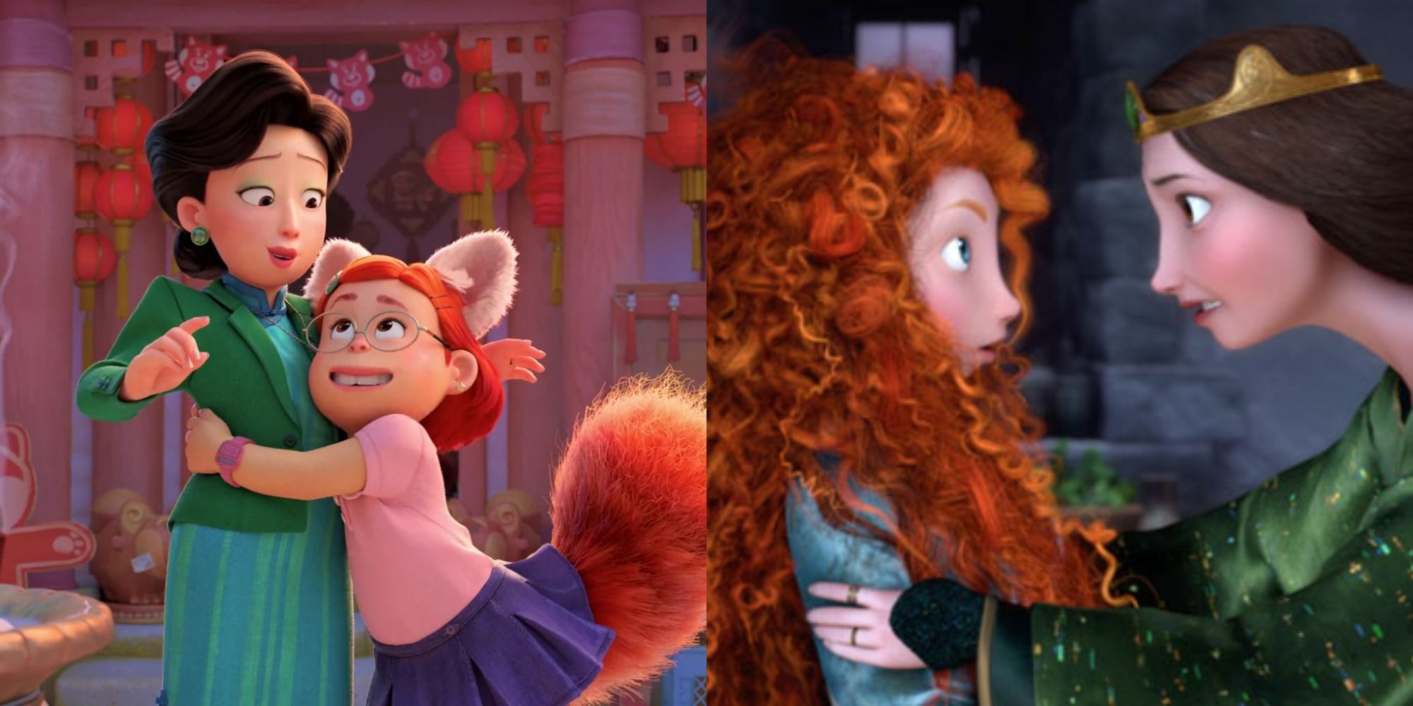 Mei and Ming Lee hugging in Turning Red and Queen Elinor grabbing Merida by the shoulders in Brave