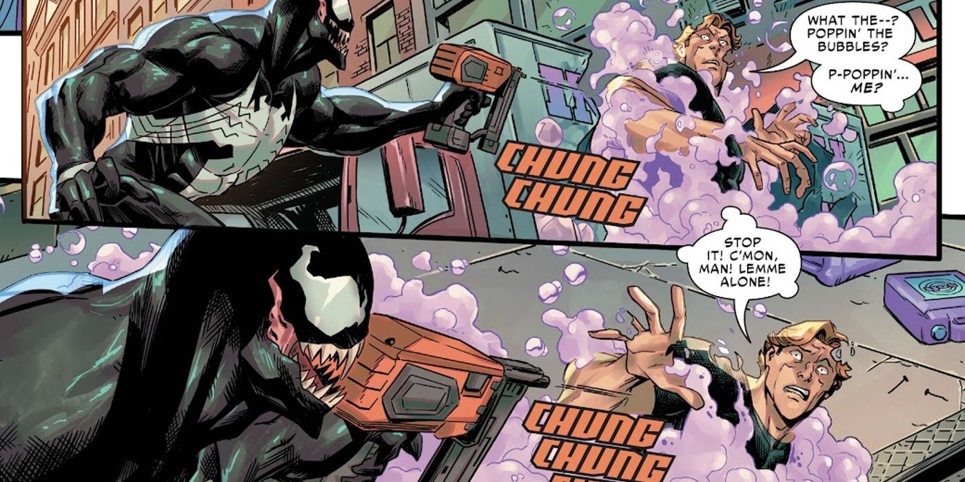 Venom pops Hydro-Man's bubbles.