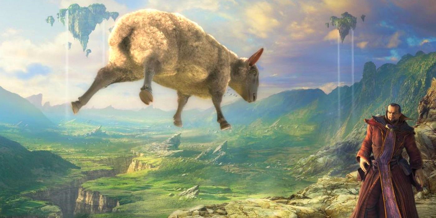 A Dungeons & Dragons character stares in horror as a floating sheep approaches him