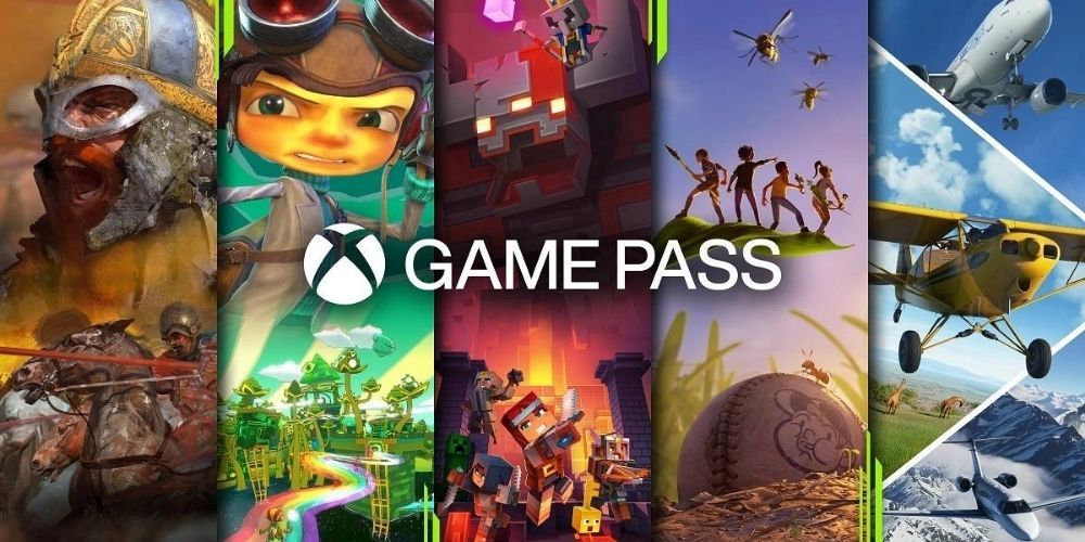 The logo for Xbox Game Pass stands in front of popular games like Psychonauts and Flight Simulator