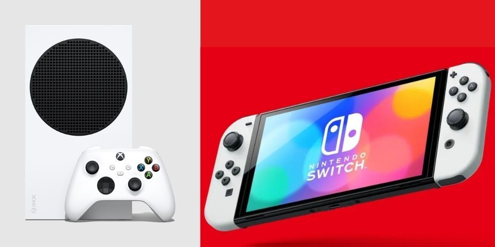 The Nintendo Switch sits next to the Xbox Series S