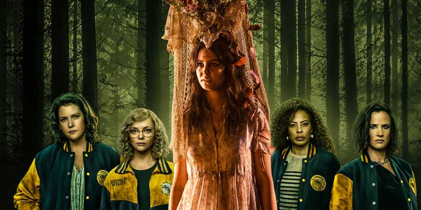 A blended image features a teen Lottie with the antlers above her surrounded by adult survivors in Yellowjackets