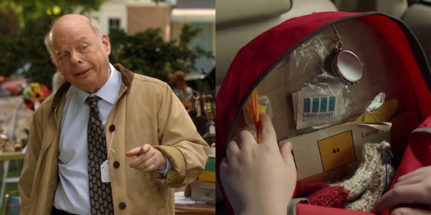 Split image of Dr. Sturgis and the inside of Sheldon's bag from Young Sheldon.