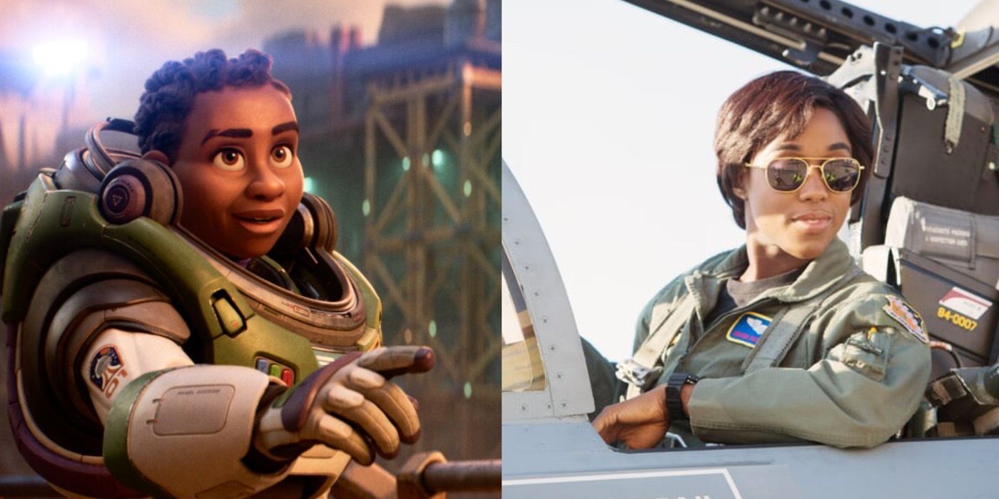 Alisha Hawthorne from Lightyear stands in an image next to a picture of Maria Rambeau prepping to fly in Captain Marvel