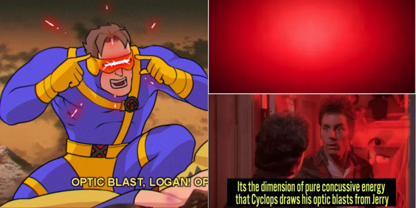 Two memes about Cyclops: One showcasing the Punch Dimension and one of him going to shoot Logan with his optic blasts