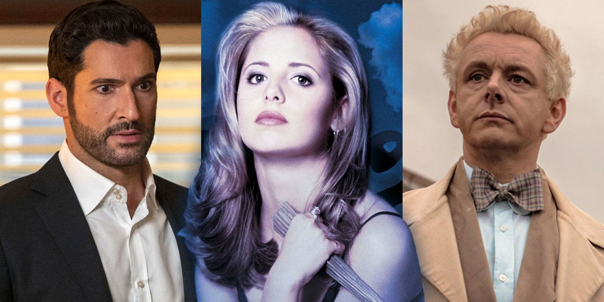 split image of lucifer, buffy and good omens