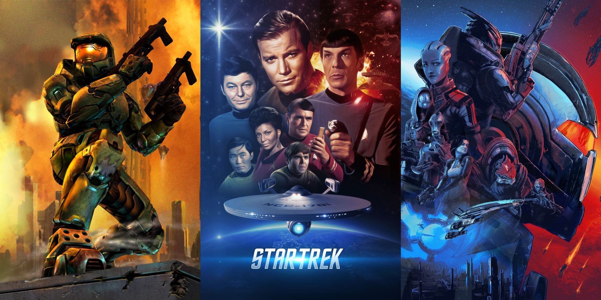 Poster art for Halo 2, Star Trek, and Mass Effect.