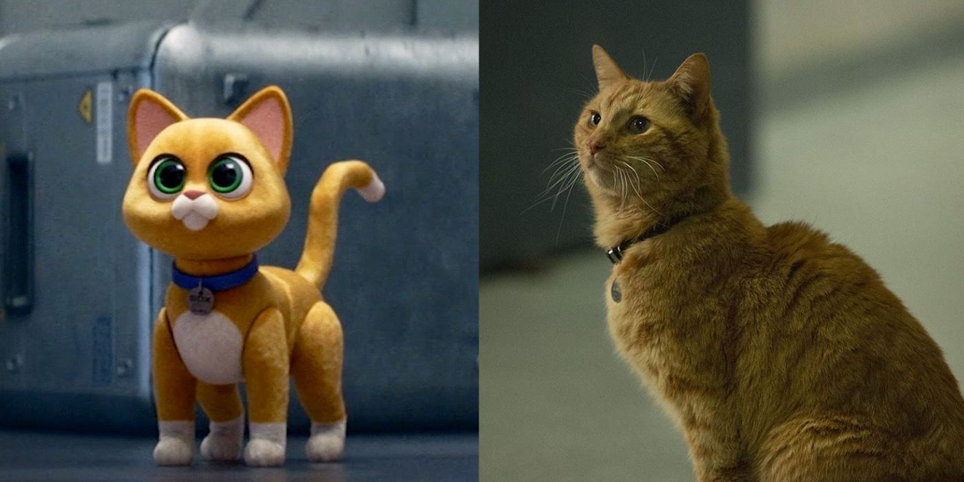Sox from Lightyear is next to an image of Goose The Cat from Captain Marvel