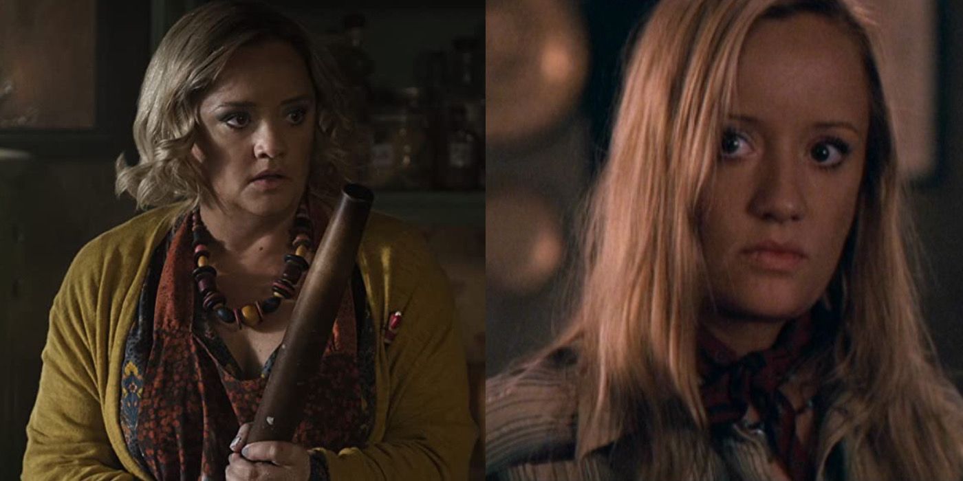Lucy Davis clenches a rolling pin in The Chilling Adventures Of Sabrina next to an image of her looking concerned