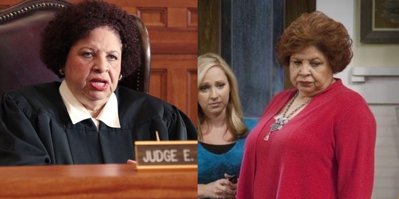 Patricia Belcher as a TV judge is next to an image of her as Ms. Dabney I’m Good Luck Charlie
