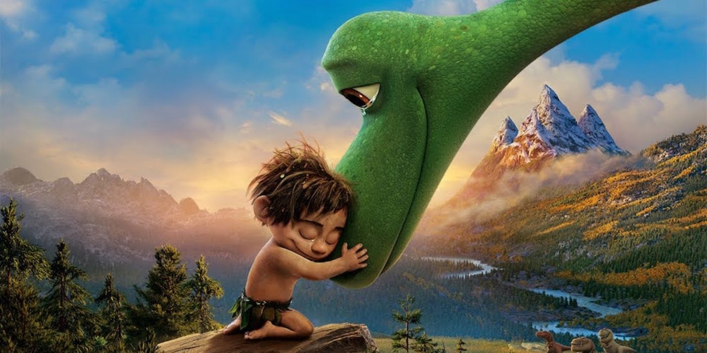 A boy touching a dinosaur in The Good Dinosaur