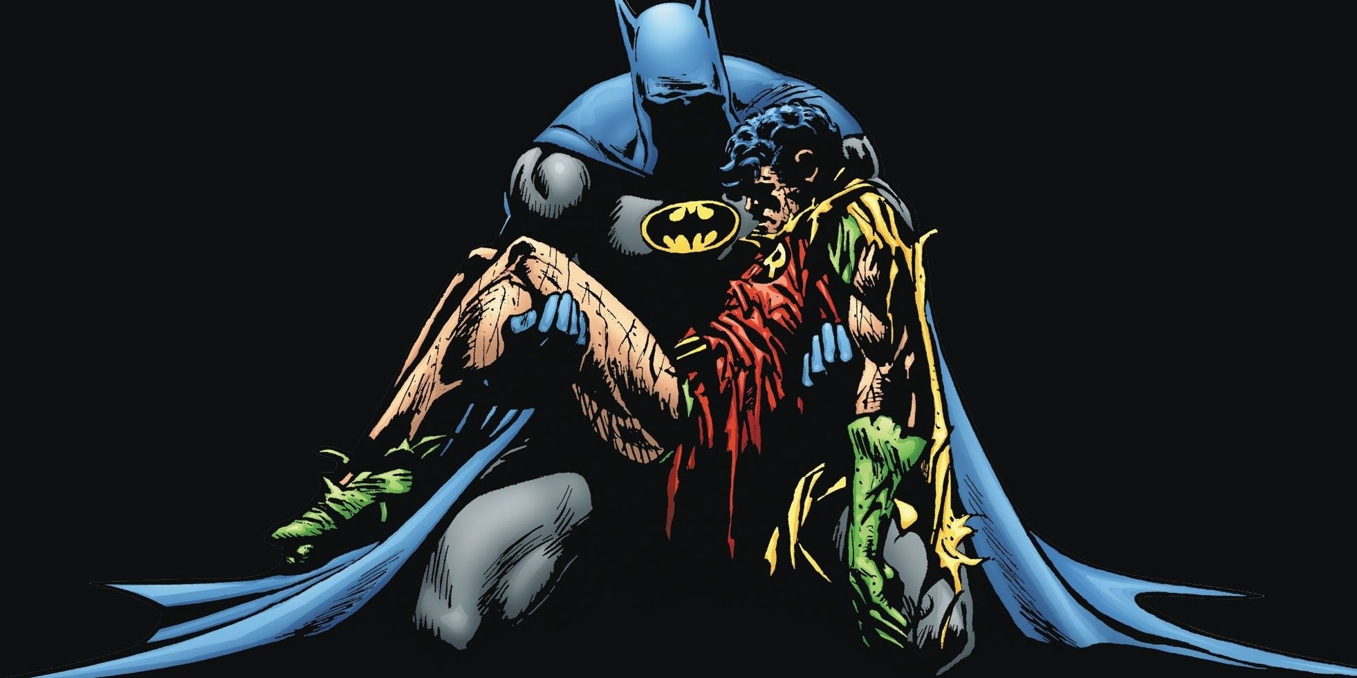 Batman sosteniendo a un Robin fallecido en Batman: Death In The Family