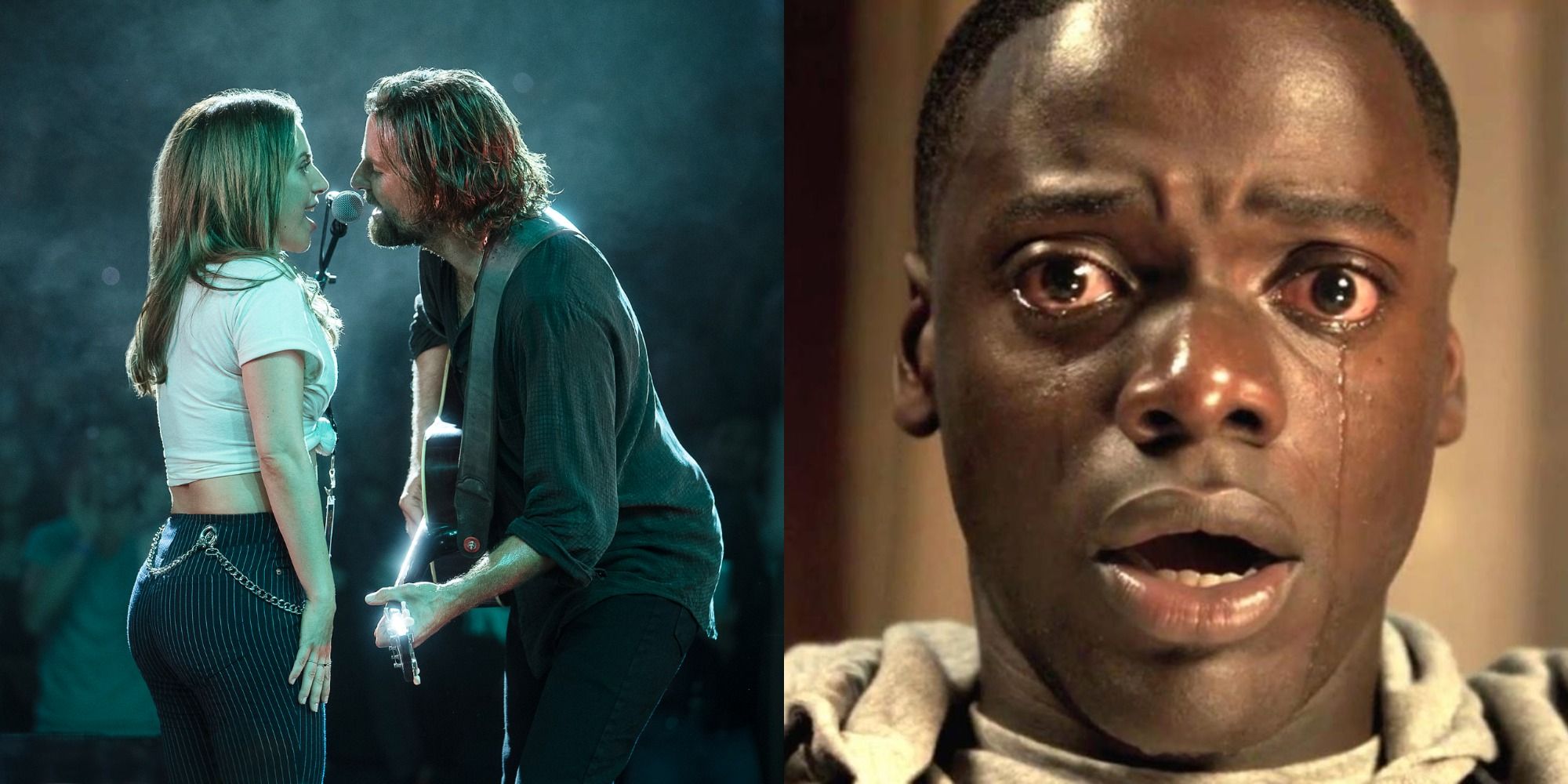 Two side by side images from Get Out and A Star Is Born.