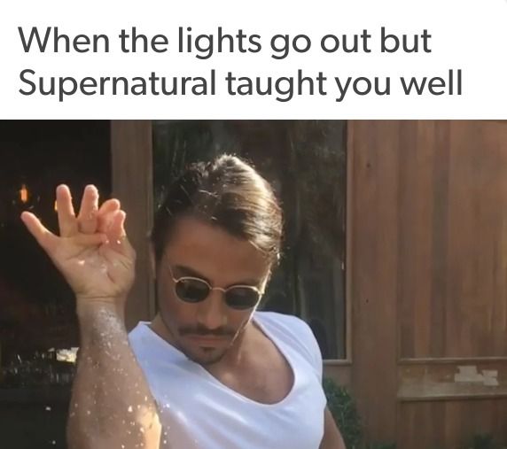 A Supernatural meme of Dean pointing to Sam and a man sprinkling salt