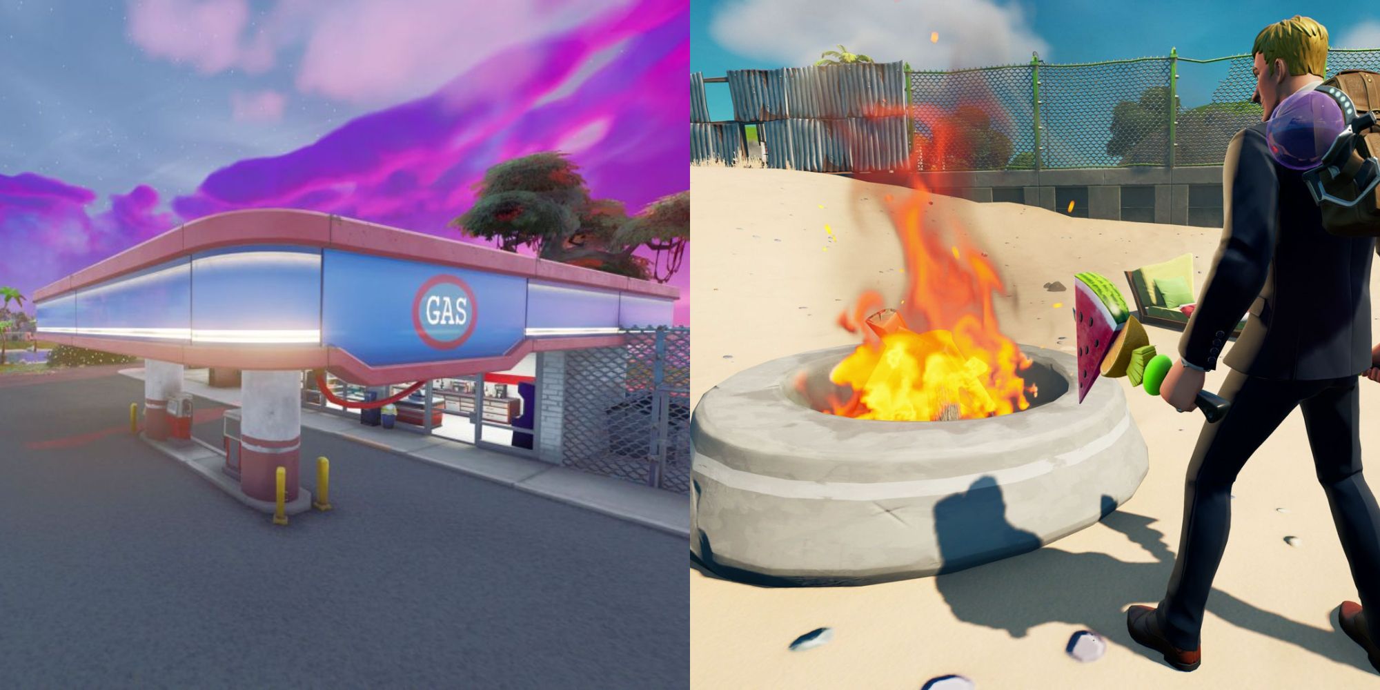 Split image showing A gas station and a campfire in Fortnite.
