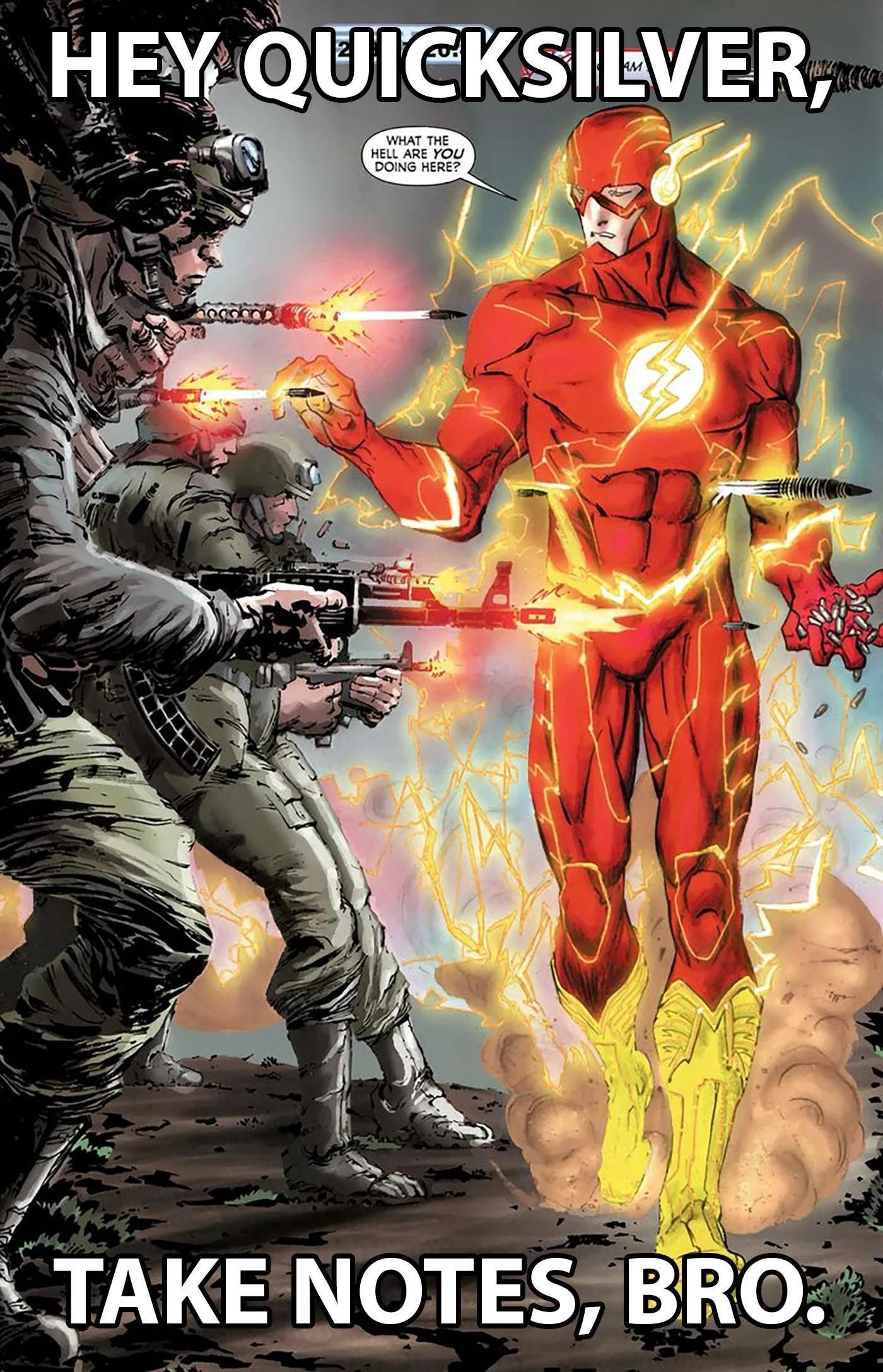 A meme featuring The Flash walking among flying bullets