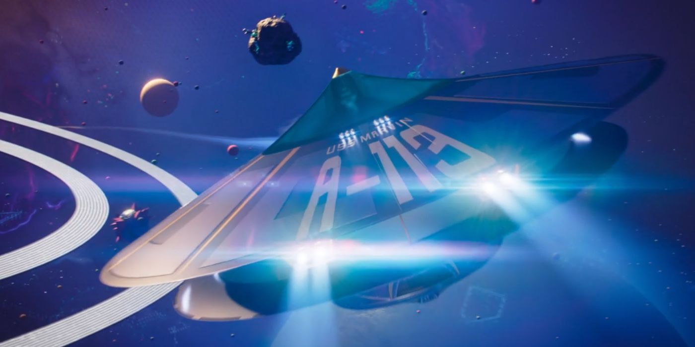 A spaceship flying in Space Jam A New Legacy.