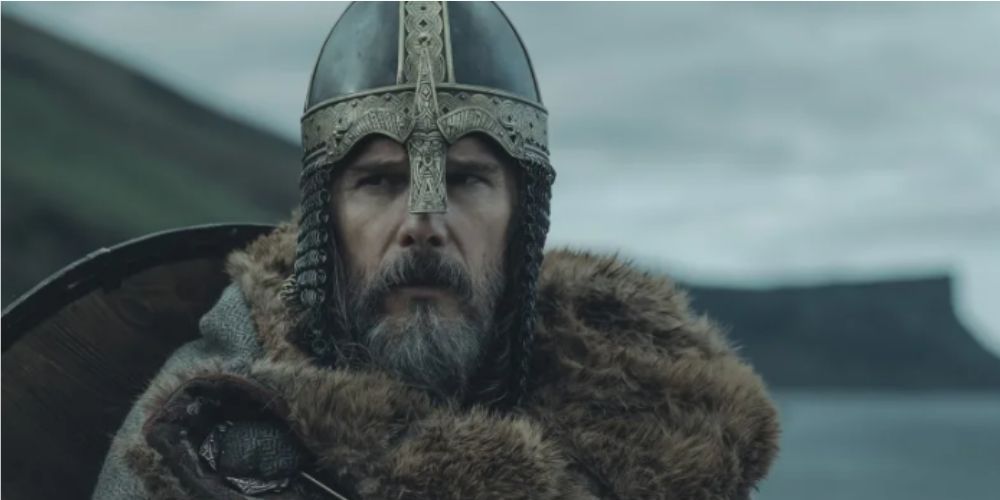 A split image of Ethan Hawke looking serious in The Northman