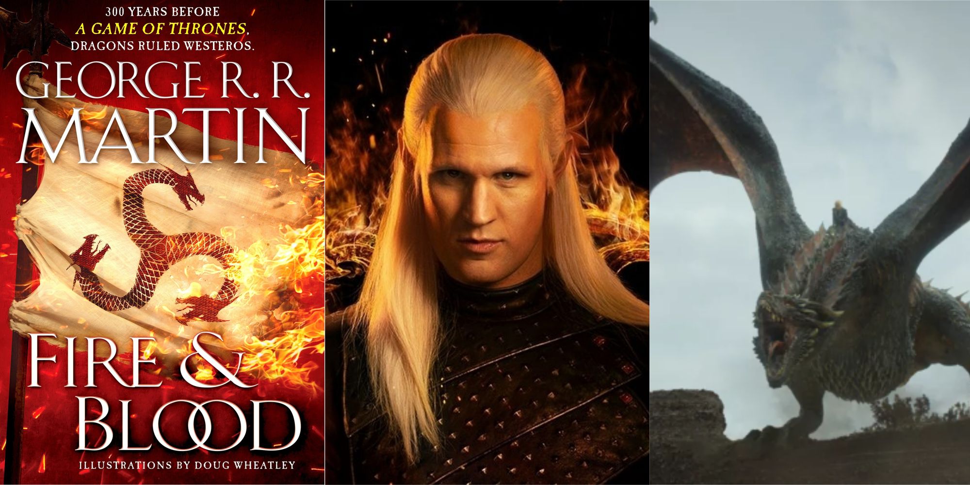 A split image of Fire and Blood cover a dragon and Matt Smith in House of Dragons